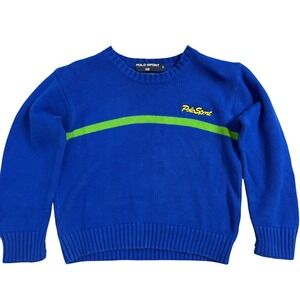 Vintage Polo Sport Ralph Lauren Royal Blue Cotton Sweater Green Stripe Size 6
